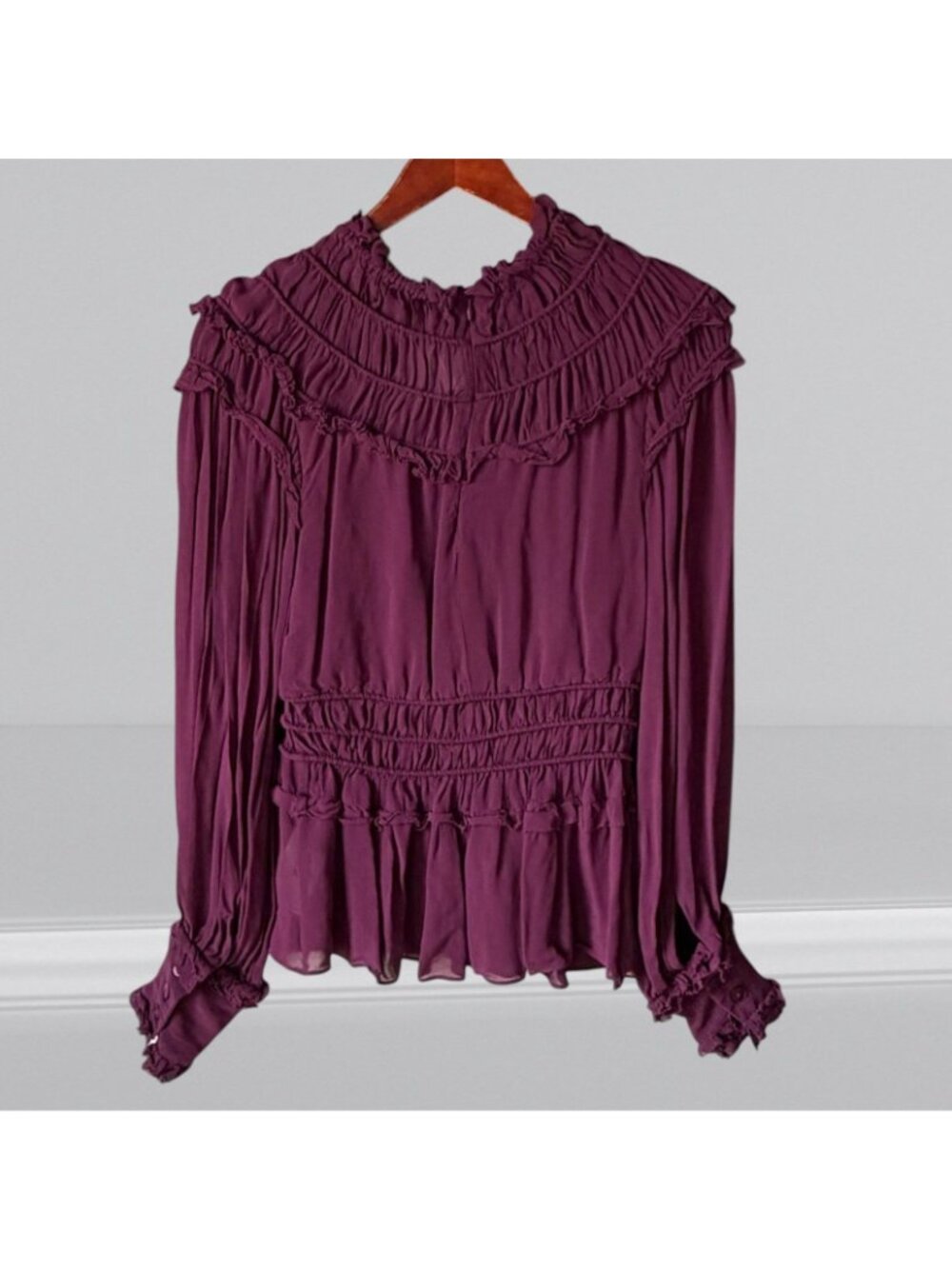Farm Rio Romantic Ruffle Smocked Boho Long Sleeve Blouse Top Burgundy Size XS - Picture 4 of 9